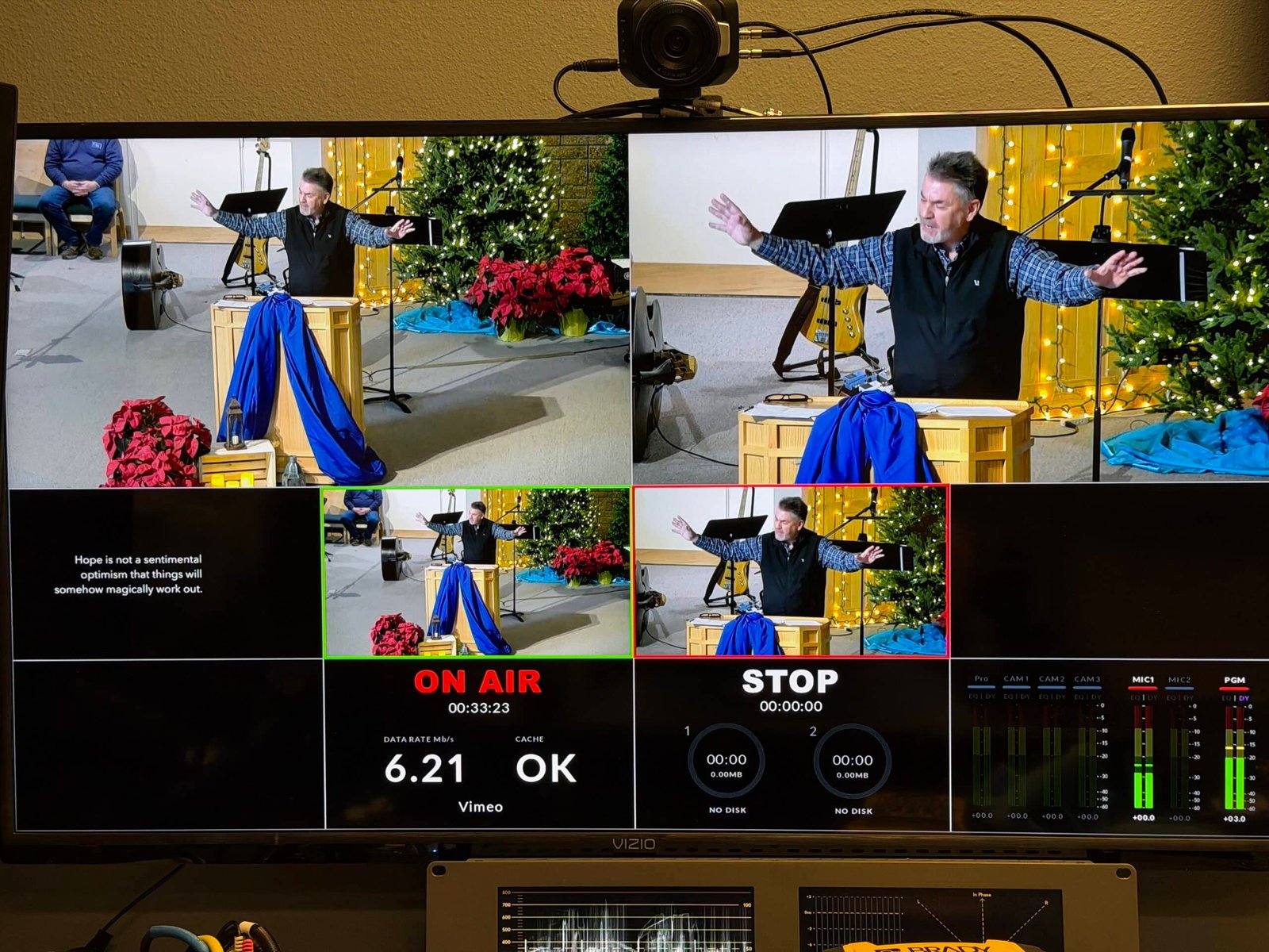 Hand in Hand Productions broadcasting a church worship service live — multi-camera production with real-time stream monitoring